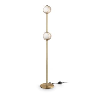piantana Bloom di Ideal Lux, due luci con diffusore in vetro, ottone