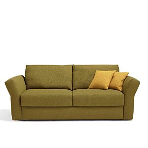 divano letto BOld di Dienne, 3 posti, rivestimento verde, cuscini senape