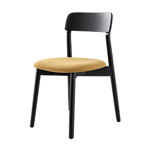Sedia Lina di Calligaris, seduta imbottita rivestita in tessuto giallo, struttura in frassino nero
