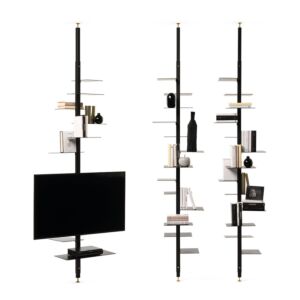 Mogg Adelaide Tv, etagere con struttura in ferro verniciato nero opaco, foto con 3 strutture e tv