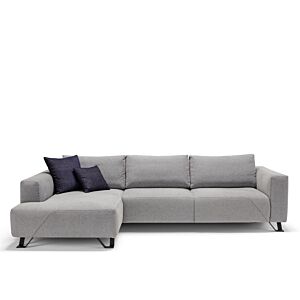 divano letto Simple di Dienne, 3 posti maxi con chaise longue, rivestimento chiaro, cuscini decorativi blu